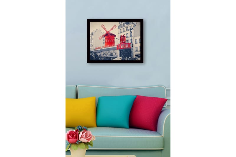Innrammet lerretsbilde i tre - 41x56 cm - Rød vindmølle med neonlys på Moulin Rouge - Rød / Svart / Grå - Interiør - Maleri & posters - Lerretsbilder