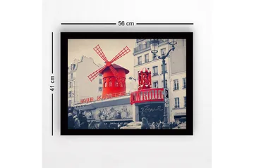Innrammet lerretsbilde i tre - 41x56 cm - Rød vindmølle med neonlys på Moulin Rouge - Rød / Svart / Grå - Interiør - Maleri & posters - Lerretsbilder