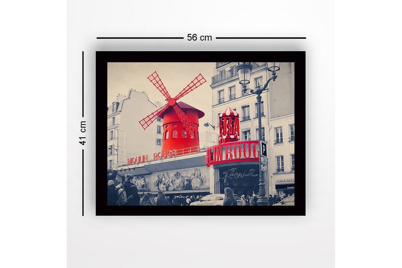 Innrammet lerretsbilde i tre - 41x56 cm - Rød vindmølle med neonlys på Moulin Rouge - Rød / Svart / Grå - Interiør - Maleri & posters - Lerretsbilder