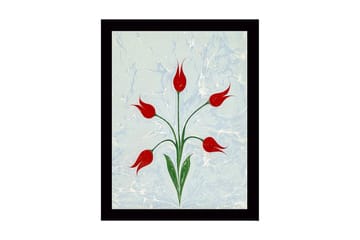 Innrammet lerretsbilde i tre - 41x56 cm - Røde tulipaner med grønne stilker på en lyseblå bakgrunn - Rød / Grønn / Lyseblå - Interiør - Maleri & posters - Lerretsbilder