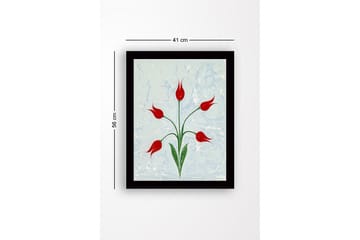 Innrammet lerretsbilde i tre - 41x56 cm - Røde tulipaner med grønne stilker på en lyseblå bakgrunn - Rød / Grønn / Lyseblå - Interiør - Maleri & posters - Lerretsbilder