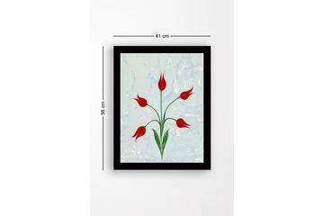 Innrammet lerretsbilde i tre - 41x56 cm - Røde tulipaner med grønne stilker på en lyseblå bakgrunn - Rød / Grønn / Lyseblå - Interiør - Maleri & posters - Lerretsbilder