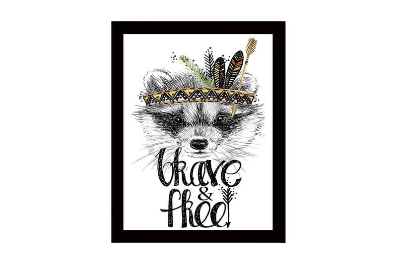 Innrammet lerretsbilde i tre - 41x56 cm - Rev med fjær og dekorativt hodeplagg, Svart / Gull / Hvit