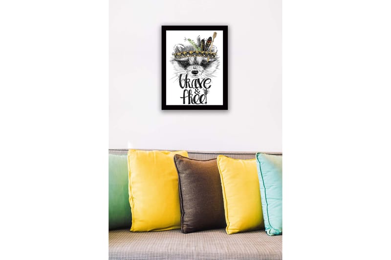 Innrammet lerretsbilde i tre - 41x56 cm - Rev med fjær og dekorativt hodeplagg - Svart / Gull / Hvit - Interiør - Maleri & posters - Lerretsbilder