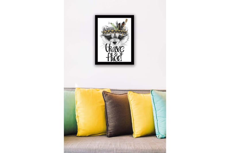 Innrammet lerretsbilde i tre - 41x56 cm - Rev med fjær og dekorativt hodeplagg - Svart / Gull / Hvit - Interiør - Maleri & posters - Lerretsbilder