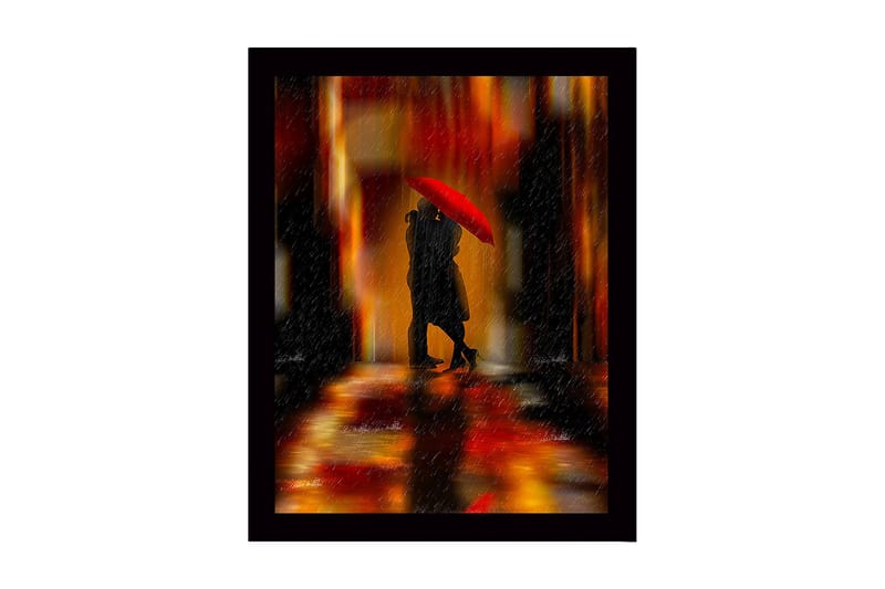 Innrammet lerretsbilde i tre - 41x56 cm - Romantisk scene med par under en rød paraply, Rød / Oransje / Svart