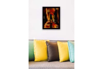Innrammet lerretsbilde i tre - 41x56 cm - Romantisk scene med par under en rød paraply - Rød / Oransje / Svart - Interiør - Maleri & posters - Lerretsbilder