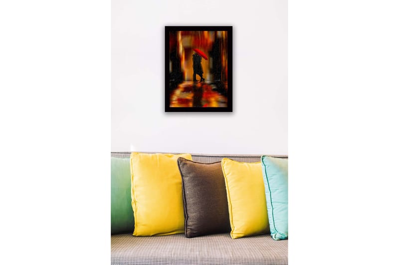 Innrammet lerretsbilde i tre - 41x56 cm - Romantisk scene med par under en rød paraply - Rød / Oransje / Svart - Interiør - Maleri & posters - Lerretsbilder