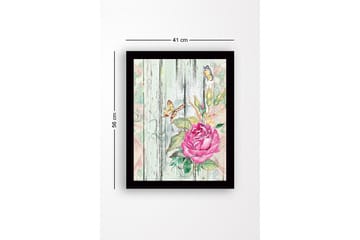Innrammet lerretsbilde i tre - 41x56 cm - Rosa blomst med sommerfugler på en trebakgrunn - Rosa / Grønn / Beige - Interiør - Maleri & posters - Lerretsbilder