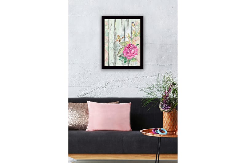 Innrammet lerretsbilde i tre - 41x56 cm - Rosa blomst med sommerfugler på en trebakgrunn - Rosa / Grønn / Beige - Interiør - Maleri & posters - Lerretsbilder