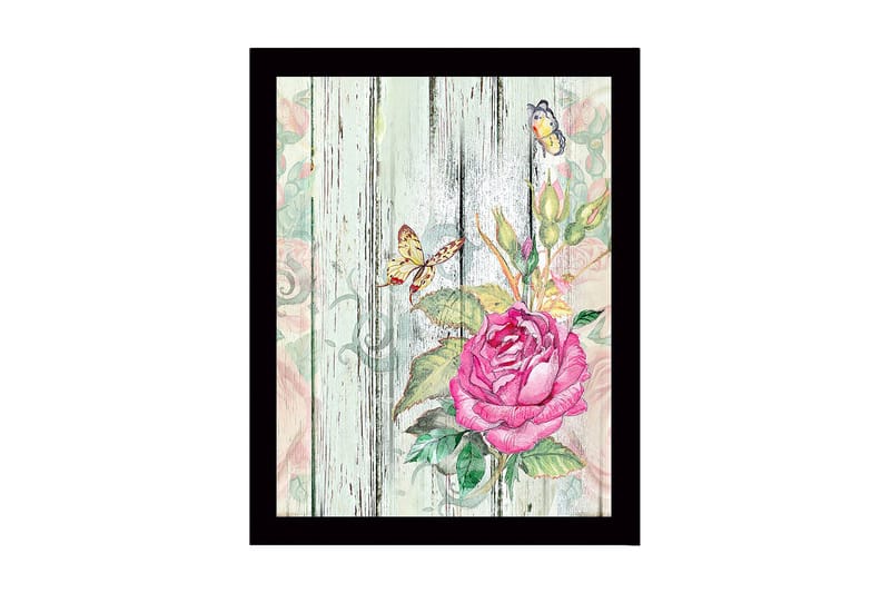 Innrammet lerretsbilde i tre - 41x56 cm - Rosa blomst med sommerfugler på en trebakgrunn, Rosa / Grønn / Beige