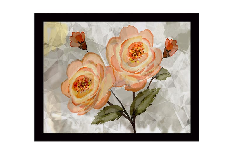 Innrammet lerretsbilde i tre - 41x56 cm - Rosa blomster med grønne blader, Lys rosa / Grønn / Beige