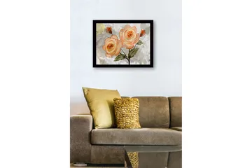 Innrammet lerretsbilde i tre - 41x56 cm - Rosa blomster med grønne blader - Lys rosa / Grønn / Beige - Interiør - Maleri & posters - Lerretsbilder