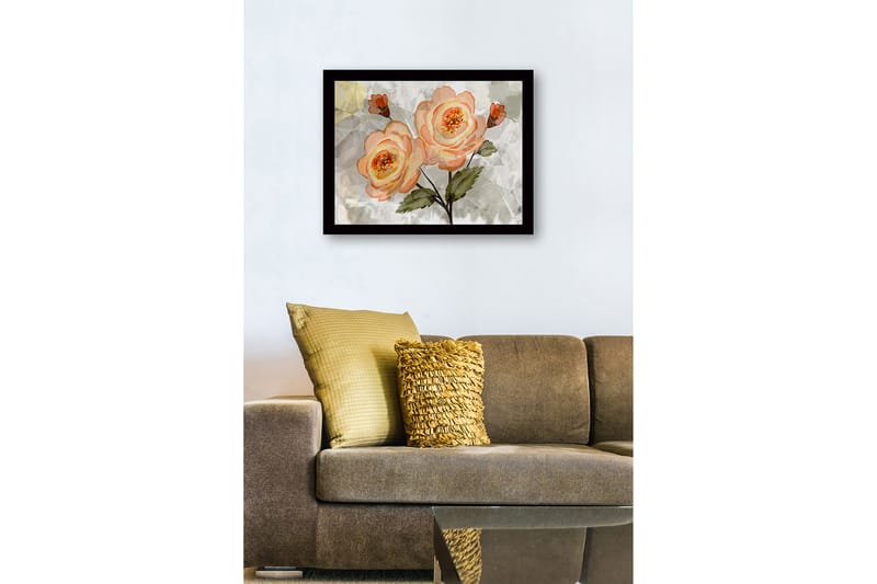 Innrammet lerretsbilde i tre - 41x56 cm - Rosa blomster med grønne blader - Lys rosa / Grønn / Beige - Interiør - Maleri & posters - Lerretsbilder