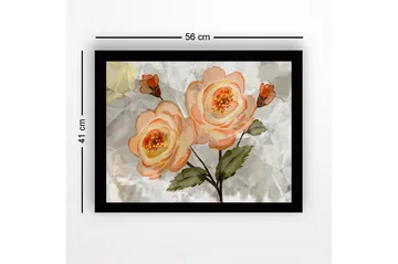 Innrammet lerretsbilde i tre - 41x56 cm - Rosa blomster med grønne blader - Lys rosa / Grønn / Beige - Interiør - Maleri & posters - Lerretsbilder