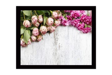Innrammet lerretsbilde i tre - 41x56 cm - Rosa blomster med grønt bladverk - Rosa / Grønn - Interiør - Maleri & posters - Lerretsbilder