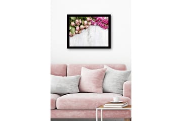 Innrammet lerretsbilde i tre - 41x56 cm - Rosa blomster med grønt bladverk - Rosa / Grønn - Interiør - Maleri & posters - Lerretsbilder