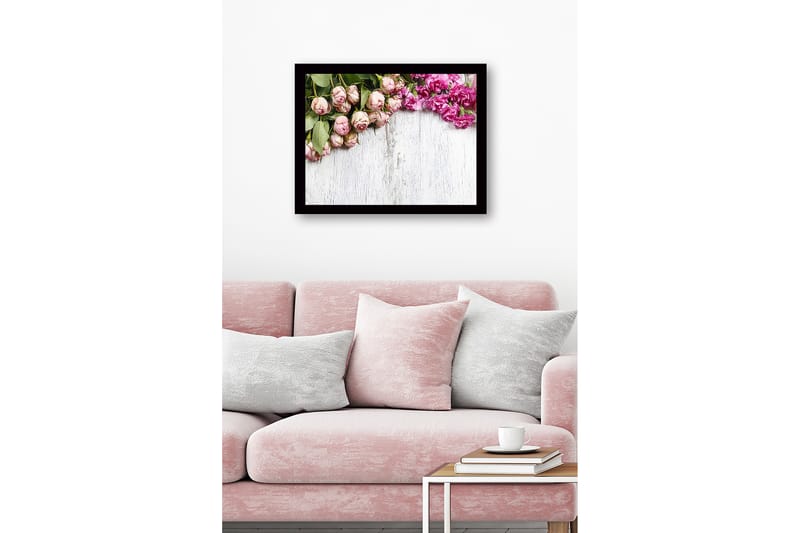 Innrammet lerretsbilde i tre - 41x56 cm - Rosa blomster med grønt bladverk - Rosa / Grønn - Interiør - Maleri & posters - Lerretsbilder