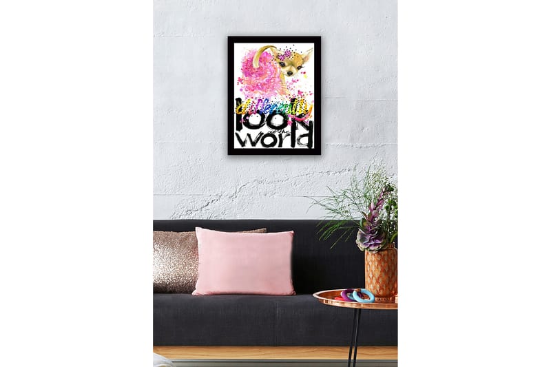 Innrammet lerretsbilde i tre - 41x56 cm - Søt chihuahua med fargerik bakgrunn og inspirerende tekst - Rosa / Svart / Gul - Interiør - Maleri & posters - Lerretsbilder