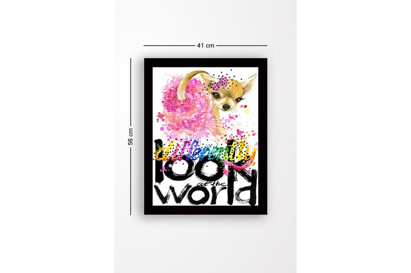 Innrammet lerretsbilde i tre - 41x56 cm - Søt chihuahua med fargerik bakgrunn og inspirerende tekst - Rosa / Svart / Gul - Interiør - Maleri & posters - Lerretsbilder