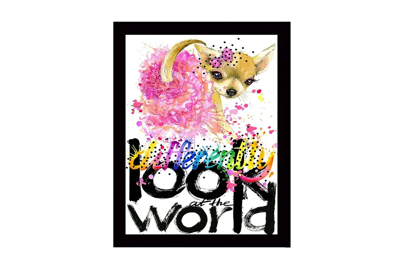 Innrammet lerretsbilde i tre - 41x56 cm - Søt chihuahua med fargerik bakgrunn og inspirerende tekst, Rosa / Svart / Gul