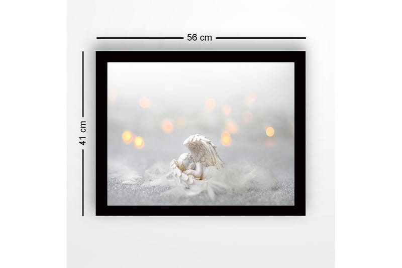 Innrammet lerretsbilde i tre - 41x56 cm - Søt engel hviler i en fjærseng - Hvit / Lys grå / Gull - Interiør - Maleri & posters - Lerretsbilder