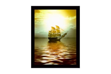 Innrammet lerretsbilde i tre - 41x56 cm - Seilbåt som glir over speilblanke vannflater i solnedgangens lys - Gull / Brun / Lys grønn - Interiør - Maleri & posters - Lerretsbilder