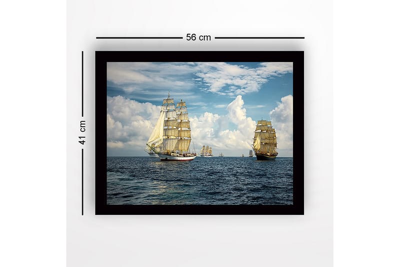 Innrammet lerretsbilde i tre - 41x56 cm - Seilbåter på åpent hav under klar himmel - Blå / Hvit / Beige - Interiør - Maleri & posters - Lerretsbilder