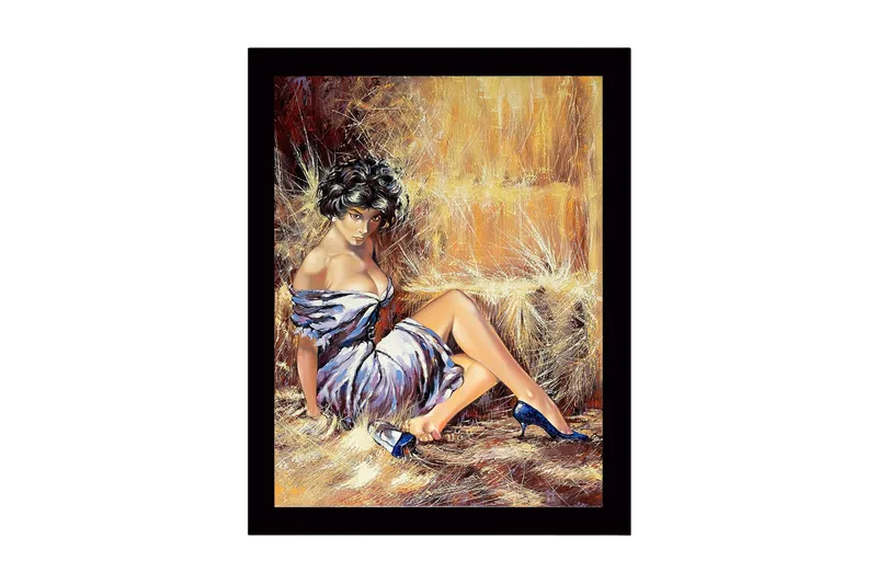 Innrammet lerretsbilde i tre - 41x56 cm - Sensuell kvinne i hvit kjole med blå sko, Hvit / Blå / Beige