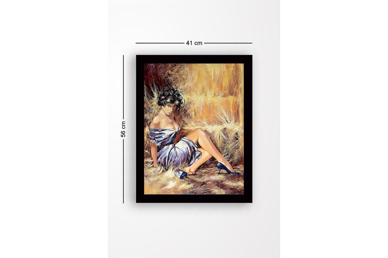 Innrammet lerretsbilde i tre - 41x56 cm - Sensuell kvinne i hvit kjole med blå sko - Hvit / Blå / Beige - Interiør - Maleri & posters - Lerretsbilder