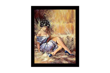 Innrammet lerretsbilde i tre - 41x56 cm - Sensuell kvinne i hvit kjole med blå sko - Hvit / Blå / Beige - Interiør - Maleri & posters - Lerretsbilder