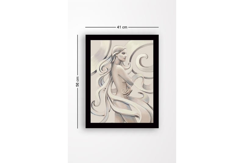 Innrammet lerretsbilde i tre - 41x56 cm - Sensuell kvinne med flagrende hår og en rose i hånden - Lys beige / Grå / Hvit - Interiør - Maleri & posters - Lerretsbilder