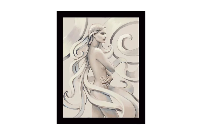 Innrammet lerretsbilde i tre - 41x56 cm - Sensuell kvinne med flagrende hår og en rose i hånden, Lys beige / Grå / Hvit