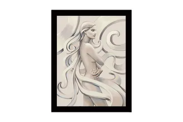 Innrammet lerretsbilde i tre - 41x56 cm - Sensuell kvinne med flagrende hår og en rose i hånden - Lys beige / Grå / Hvit - Interiør - Maleri & posters - Lerretsbilder