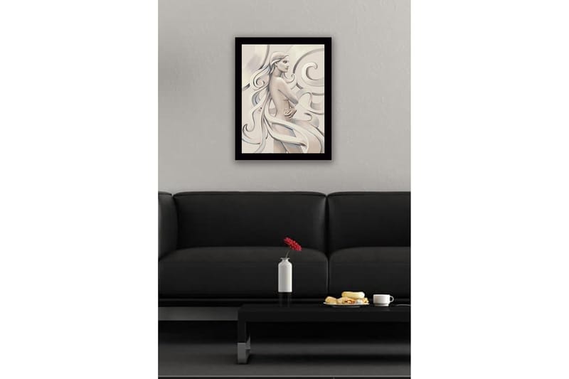 Innrammet lerretsbilde i tre - 41x56 cm - Sensuell kvinne med flagrende hår og en rose i hånden - Lys beige / Grå / Hvit - Interiør - Maleri & posters - Lerretsbilder