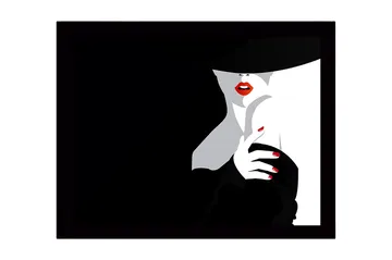 Innrammet lerretsbilde i tre - 41x56 cm - Sensuell kvinne med rød leppestift og svart hatt - Svart / Hvit / Rød - Interiør - Maleri & posters - Lerretsbilder