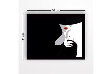 Innrammet lerretsbilde i tre - 41x56 cm - Sensuell kvinne med rød leppestift og svart hatt - Svart / Hvit / Rød - Interiør - Maleri & posters - Lerretsbilder