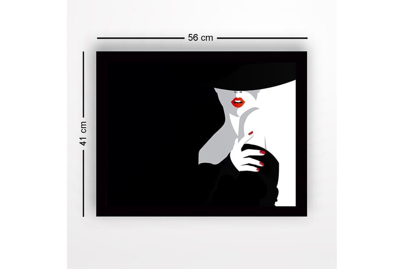 Innrammet lerretsbilde i tre - 41x56 cm - Sensuell kvinne med rød leppestift og svart hatt - Svart / Hvit / Rød - Interiør - Maleri & posters - Lerretsbilder