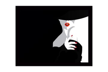 Innrammet lerretsbilde i tre - 41x56 cm - Sensuell kvinne med rød leppestift og svart hatt - Svart / Hvit / Rød - Interiør - Maleri & posters - Lerretsbilder