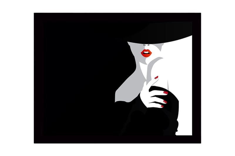 Innrammet lerretsbilde i tre - 41x56 cm - Sensuell kvinne med rød leppestift og svart hatt, Svart / Hvit / Rød