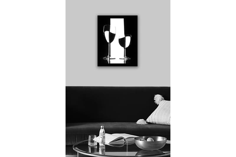 Innrammet lerretsbilde i tre - 41x56 cm - Silhuett av to vinglass med refleksjoner i en minimalistisk komposisjon - Svart / Hvit / Gjennomsiktig - Interiør - Maleri & posters - Lerretsbilder