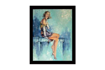 Innrammet lerretsbilde i tre - 41x56 cm - Sittende kvinne med elegante klær og en avslappet positur - Blå / Hudtone / Svart - Interiør - Maleri & posters - Lerretsbilder