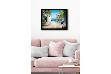 Innrammet lerretsbilde i tre - 41x56 cm - Sjarmerende middelhavsgate med blomster og hus - Blå / Grønn / Rosa - Interiør - Maleri & posters - Lerretsbilder