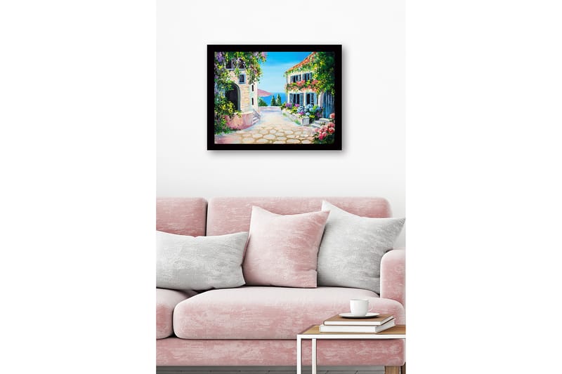 Innrammet lerretsbilde i tre - 41x56 cm - Sjarmerende middelhavsgate med blomster og hus - Blå / Grønn / Rosa - Interiør - Maleri & posters - Lerretsbilder