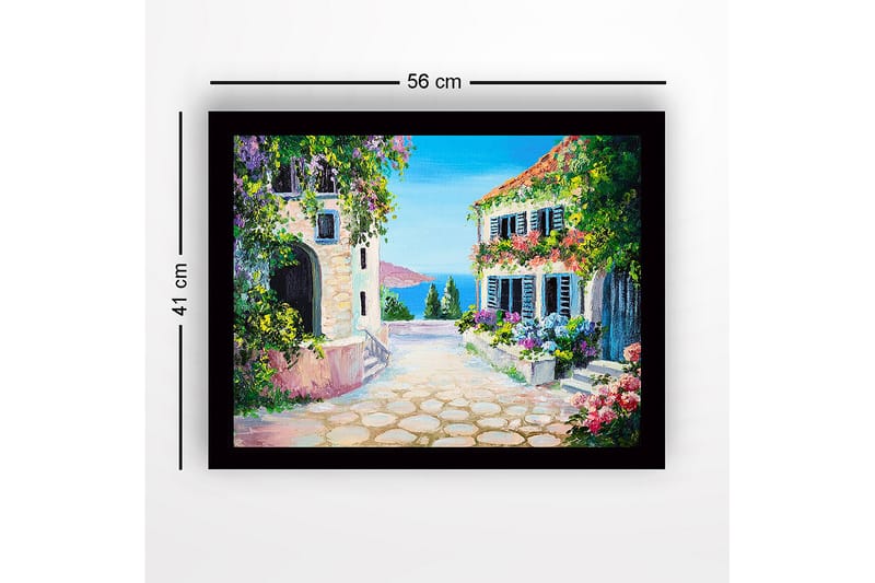 Innrammet lerretsbilde i tre - 41x56 cm - Sjarmerende middelhavsgate med blomster og hus - Blå / Grønn / Rosa - Interiør - Maleri & posters - Lerretsbilder
