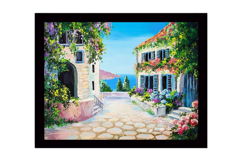 Innrammet lerretsbilde i tre - 41x56 cm - Sjarmerende middelhavsgate med blomster og hus, Blå / Grønn / Rosa