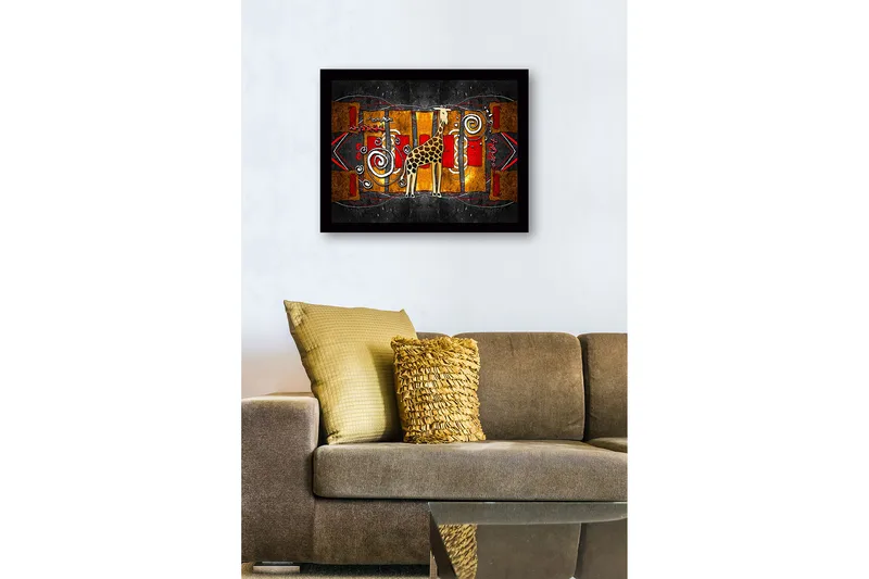 Innrammet lerretsbilde i tre - 41x56 cm - Sjiraff i en fargerik, abstrakt komposisjon - Gull / Rød / Svart - Interiør - Maleri & posters - Lerretsbilder