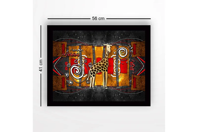 Innrammet lerretsbilde i tre - 41x56 cm - Sjiraff i en fargerik, abstrakt komposisjon - Gull / Rød / Svart - Interiør - Maleri & posters - Lerretsbilder