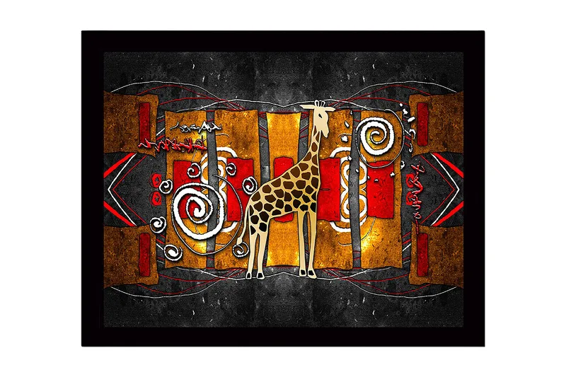 Innrammet lerretsbilde i tre - 41x56 cm - Sjiraff i en fargerik, abstrakt komposisjon, Gull / Rød / Svart