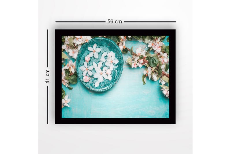 Innrammet lerretsbilde i tre - 41x56 cm - Skål med blomster på turkis bakgrunn - Turkis / Hvit / Grønn - Interiør - Maleri & posters - Lerretsbilder
